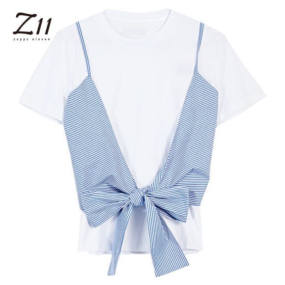 Z11女装2019夏新款假两件圆领蓝白条纹修身韩版短袖T恤女Z18CE110
