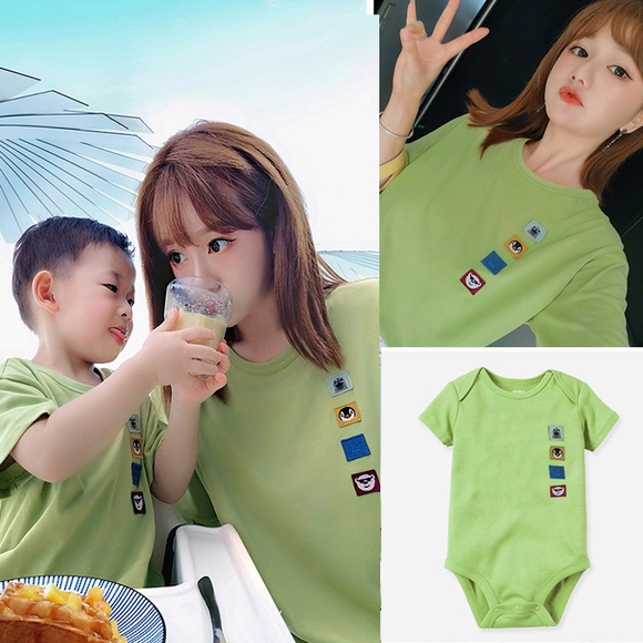网红牛油果绿亲子装夏母子装母女装婴儿爬服一家三口四口短袖t恤