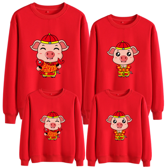 2019秋冬装新款潮新年猪年亲子装一家三四口家庭套装过年红色卫衣