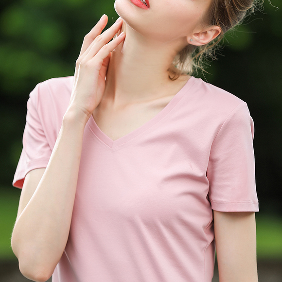 丝光棉T恤女短袖宽松v领粉色纯棉上衣春夏季新款纯色打底体恤衫