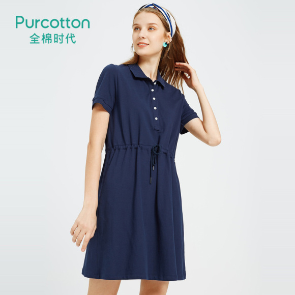 Purcotton/全棉时代女装夏季短袖连衣裙休闲百搭中长款polo连衣裙