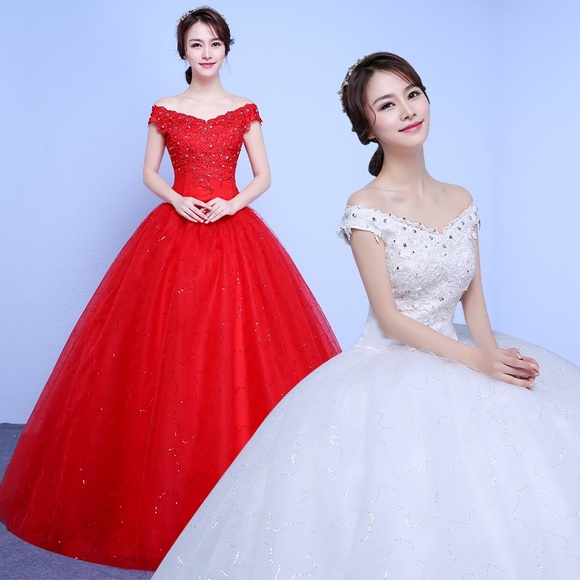 婚纱礼服新娘春季结婚婚纱礼服2018新款红色婚纱一字肩修身显瘦