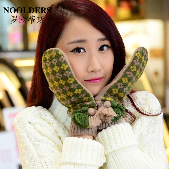 罗欧蒂斯 羊毛手套 女式时尚加绒保暖韩版秋冬季针织手套 Y-72