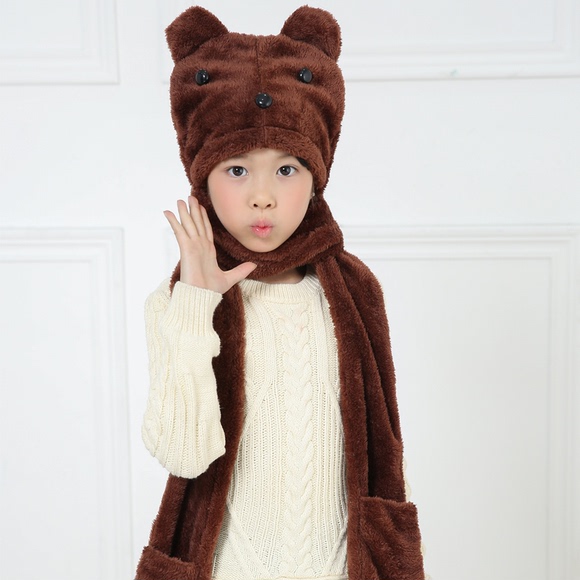 韩版男女童冬保暖帽子围巾手套三件一体儿童小熊款珊瑚毛绒三件套