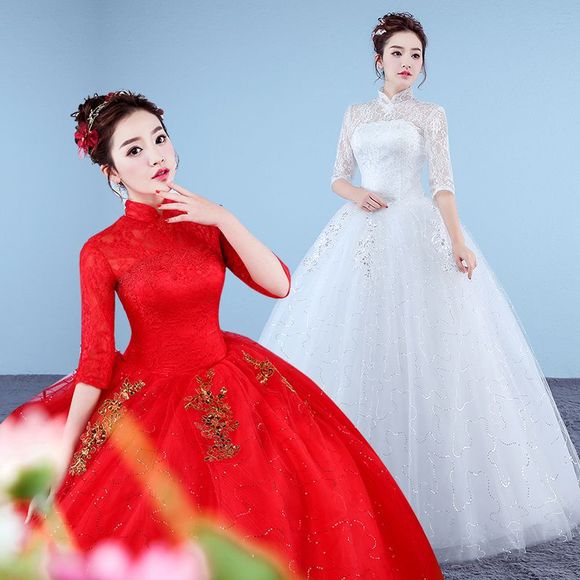 红色婚纱礼服新娘宫廷中袖子婚纱一字肩婚纱2018新款复古显瘦修身