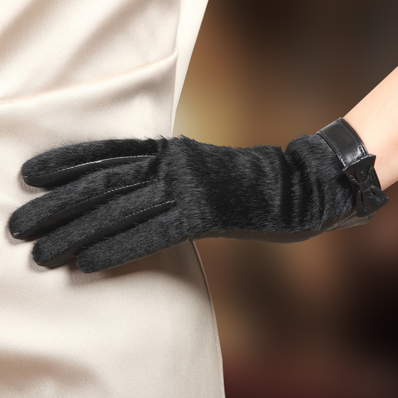 warmen真皮手套女士冬季保暖绒里时尚皮草蝴蝶结小羊皮手套L152NC