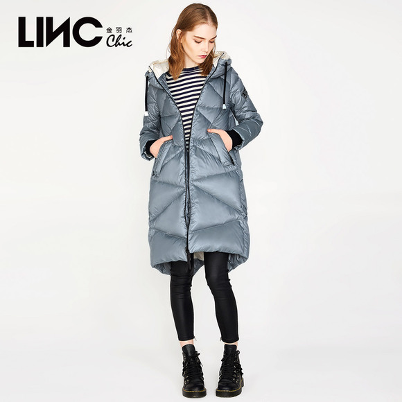 LINC金羽杰冬装新款街头风撞色连帽羽绒服女中长款宽松加厚外套潮