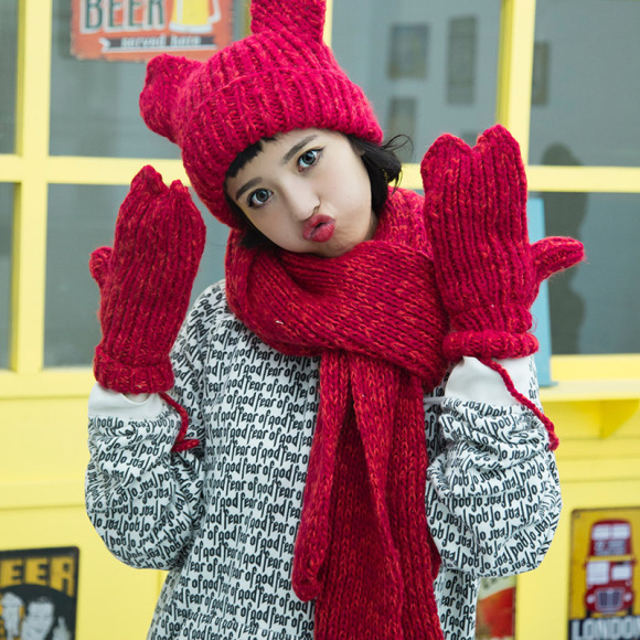 粉色绵羊 版女士秋冬季可爱针织毛线围巾红色杂色保暖时尚