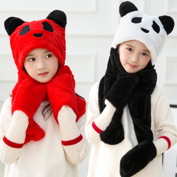 冬季围巾帽子手套熊猫三件一体保暖卡爱卡通珊瑚绒刺绣亲子儿童款