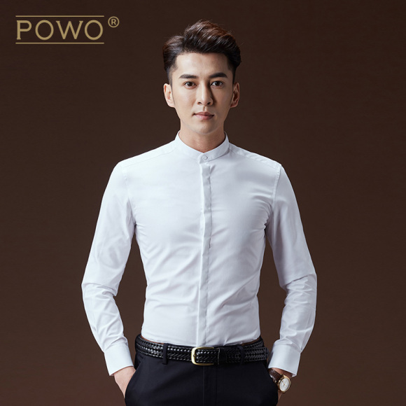 POWO衬衫男士长袖白色立领男装衣服商务休闲寸衫韩版修身衬衣帅气