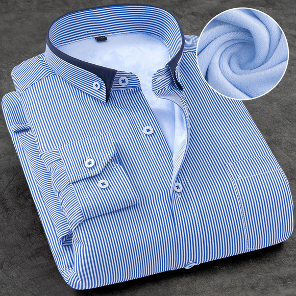 冬季男士保暖衬衫大码商务休闲职业正装纯色条纹长袖加绒加厚衬衣