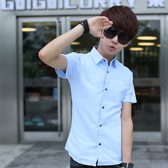 夏季薄款纯色短袖衬衫男士韩版修身休闲短袖衬衣潮男装白色衣服寸