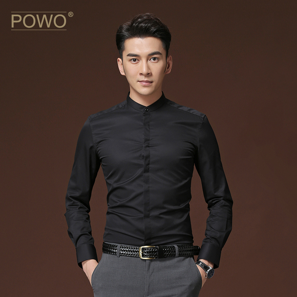 POWO长袖衬衫男士修身时尚小立领商务休闲黑色青年寸衣春季新款