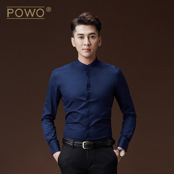 POWO衬衫男长袖深蓝色立领男式衣服商务休闲韩版修身衬衣新款帅气