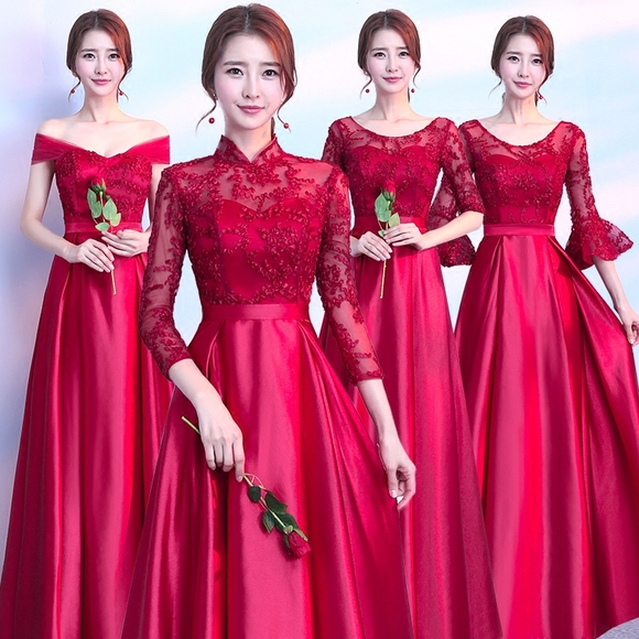 伴娘服长款2018新款韩版修身姐妹团姐妹裙酒红色伴娘团礼服女派对
