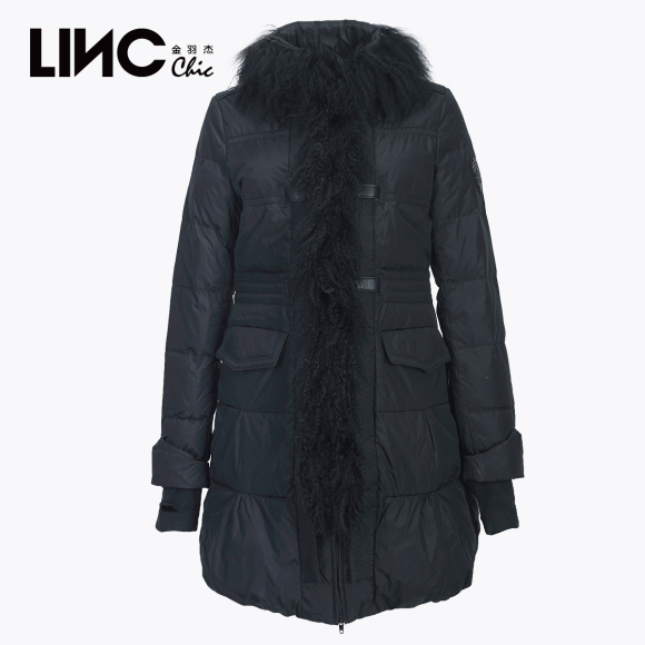 LINC金羽杰羽绒服女立领滩羊毛拼接修身时尚中长款女羽绒服外套