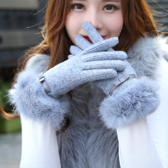 女士触屏羊毛手套冬天保暖厚款时尚韩版开车针织手套分指五指