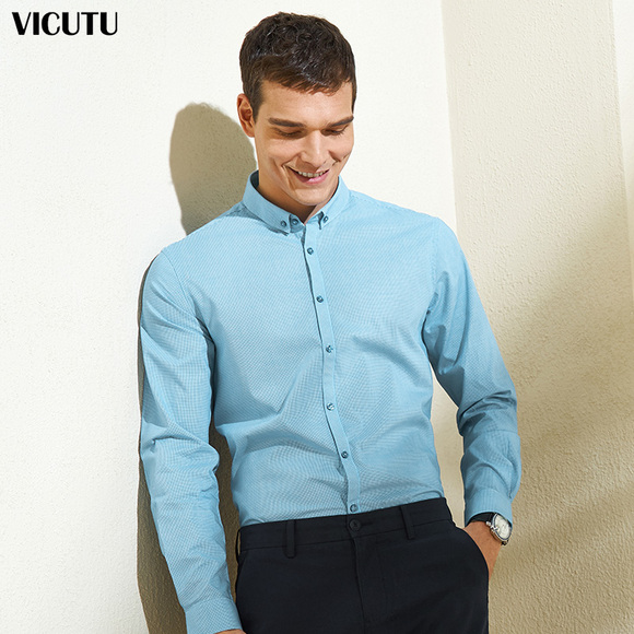 VICUTU/威可多男士商务衬衣 纯棉修身尖扣领格纹休闲长袖衬衫