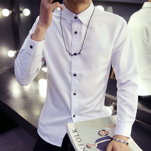 春季长袖衬衫男士韩版修身型青少年百搭白色休闲衬衣潮男装寸衫男