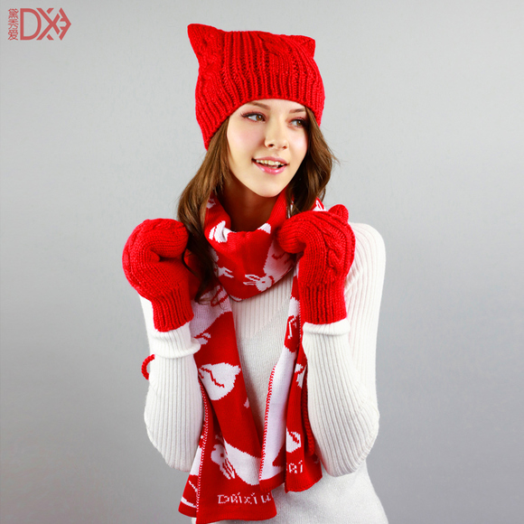 毛线帽子围巾手套三件套女冬季加绒韩版礼盒装可爱潮牌保暖针织帽