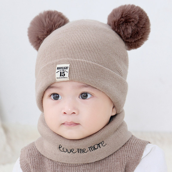 婴儿帽子秋冬季女宝宝毛线帽0婴幼儿加厚男童保暖围脖1-2岁儿童帽