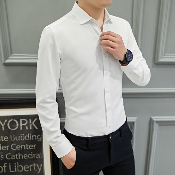男士长袖纯色商务休闲白色衬衫修身时尚职业办公衬衣上班工装寸衫
