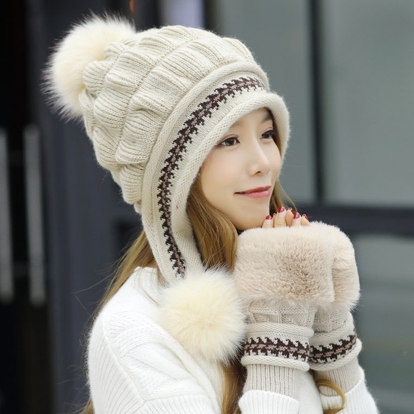 护耳针织毛线帽子女冬季时尚棉帽潮韩版百搭加厚防风保暖可爱手套